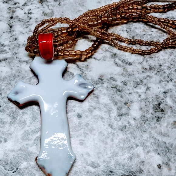 Glass Cross Necklace- Merengue Orange Red Cream - Picture 2 of 8